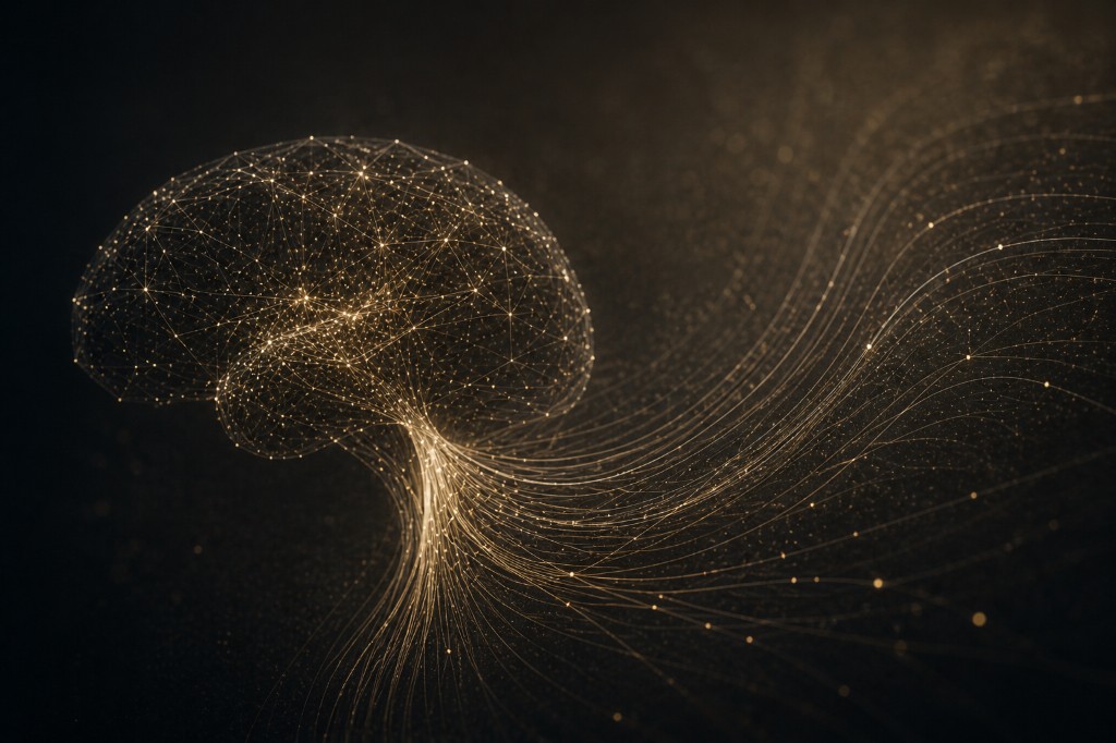 Visualisation abstraite dorée d’un cerveau et de réseaux neuronaux